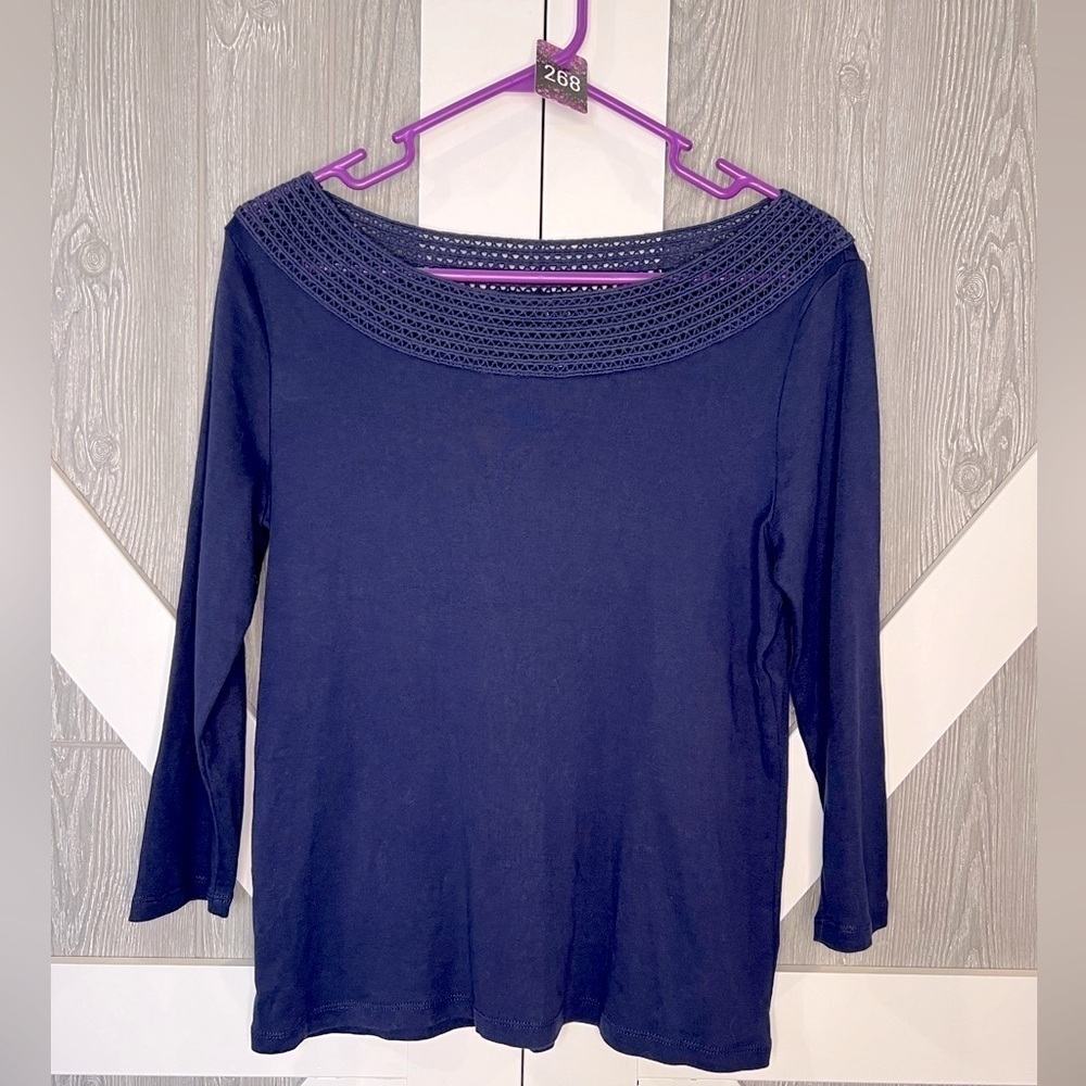 268. Lauren Ralph Lauren 3/4 Sleeve Crochet Neck Top Navy Blue XL